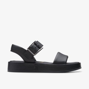 Clarks ALDA STRAP Black Leather Platform Skor Dam Svarta | RQW-690375