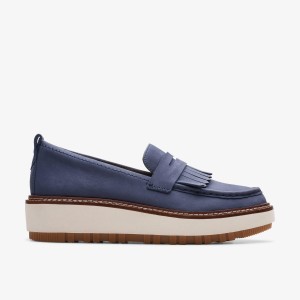 Clarks Orianna Loafer Navy Nubuck Platform Skor Dam Marinblå | HIL-267984