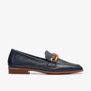 Clarks Sarafyna Iris Navy Leather Slip On Dam Marinblå | RJQ-259081