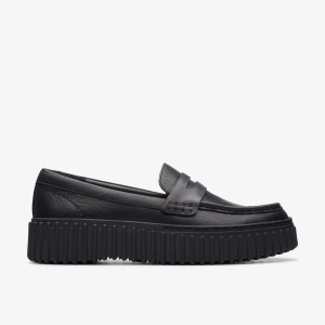 Clarks Torhill Penny Black Leather Slip On Dam Svarta | QPR-658219