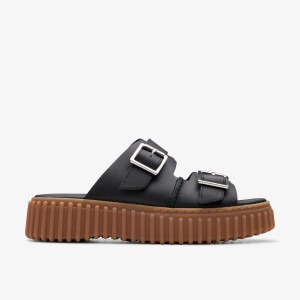 Clarks Torhill Slide Black Leather Platform Skor Dam Svarta | ZRO-013684