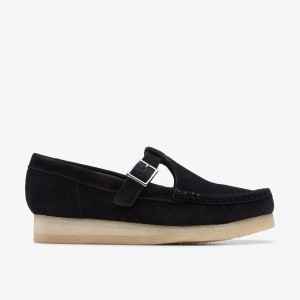 Clarks Wallabee T-Bar Black Suede Slip On Dam Svarta | JKY-461297